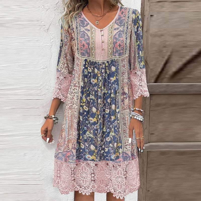 Frauen Boho Midi Kleid mit floralem Patchwork-Druck, Dreiviertelärmel und Häkelspitze Echoarchiv