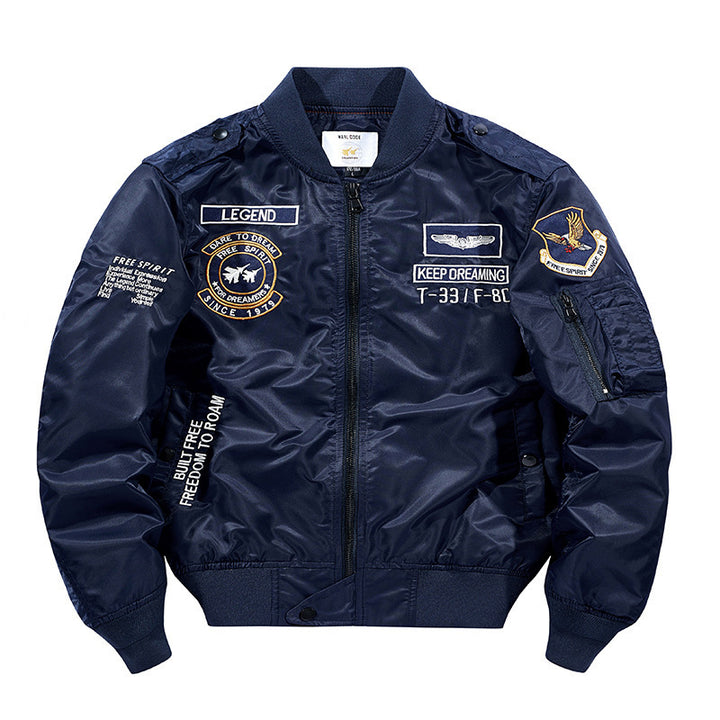 Herren Flight‑Bomberjacke mit Patch‑Applikationen, Ärmel‑Utilitytasche und orangefarbenem Innenfutter – Brevano