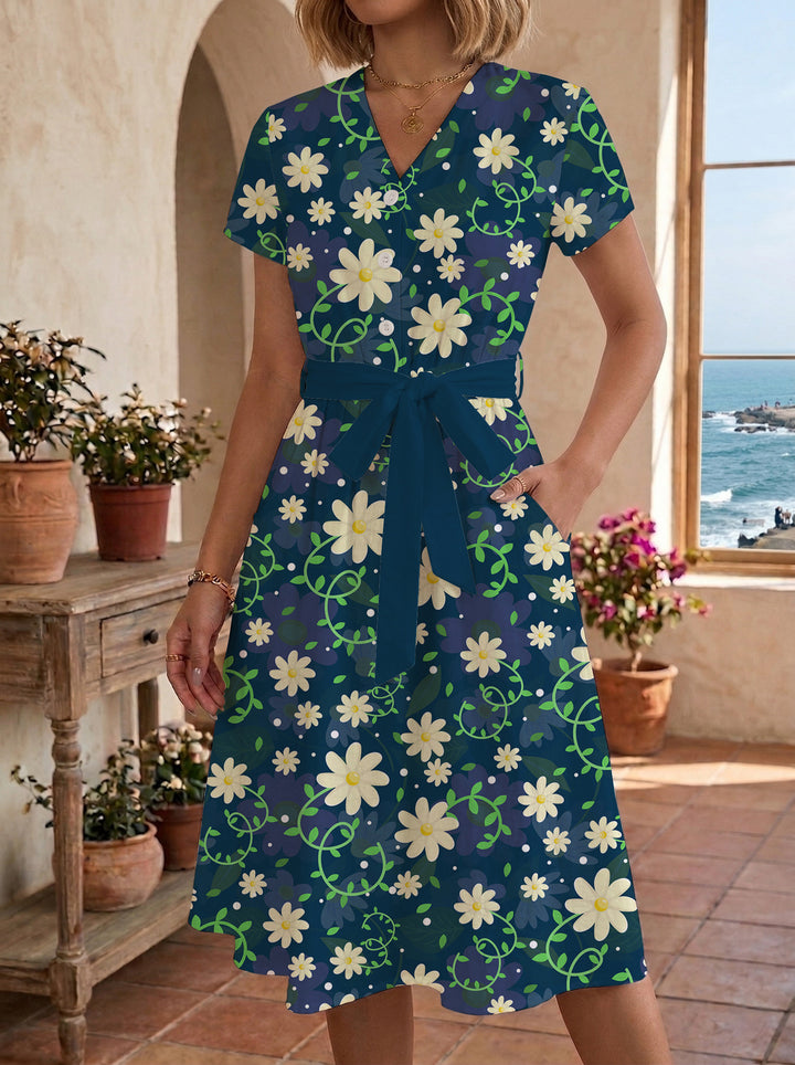 Damen Midikleid mit floralem Muster und Taillengürtel Echo Archiv