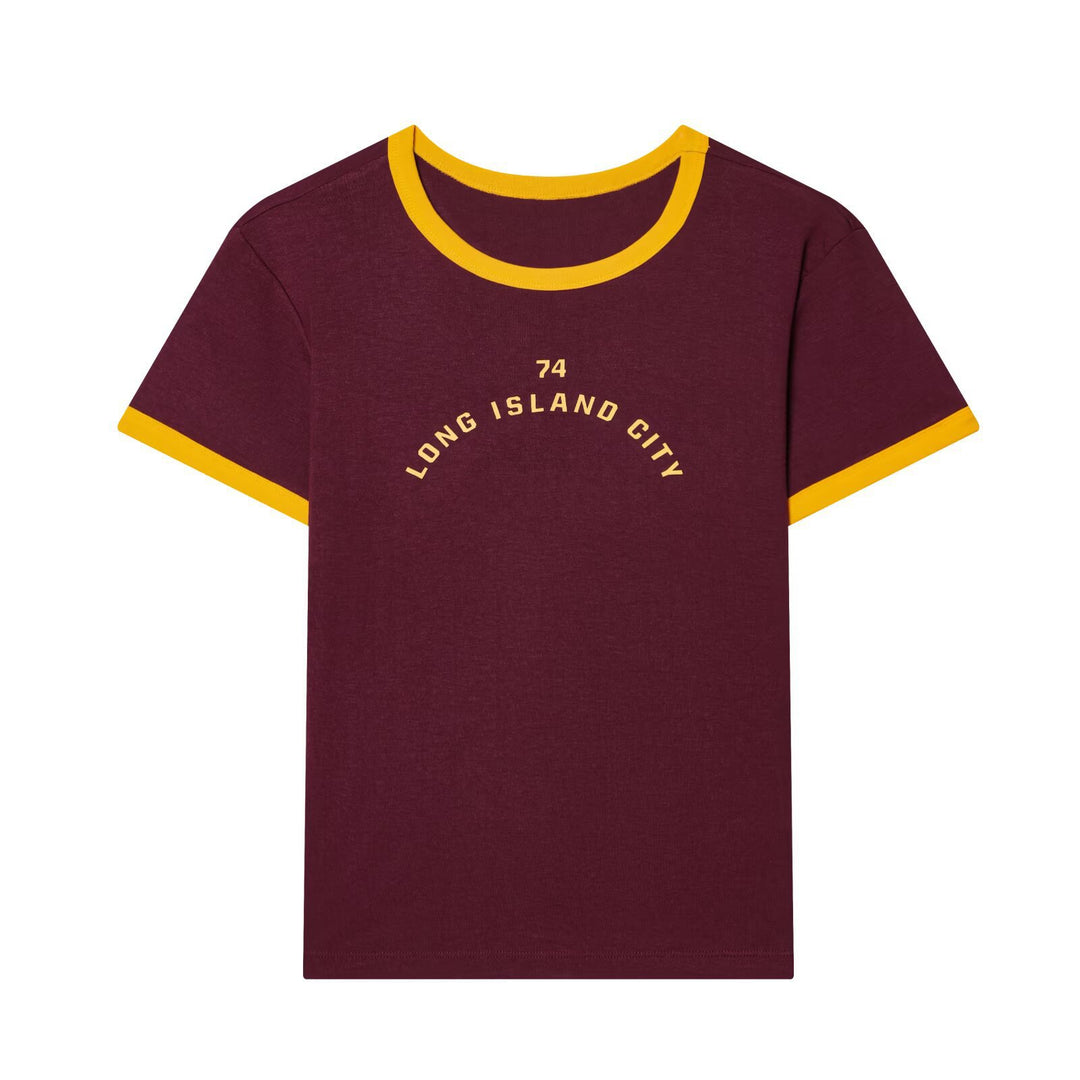 Damen Freizeit T-Shirt mit kontrastierenden Ärmeln und trendigem Schriftzug Echo Archiv