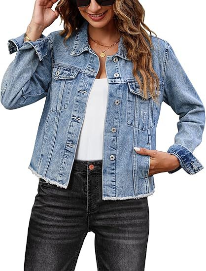 Damen Kurz geschnittene Jeansjacke mit Fransen-Saum und aufgesetzten Brusttaschen Echo Archiv