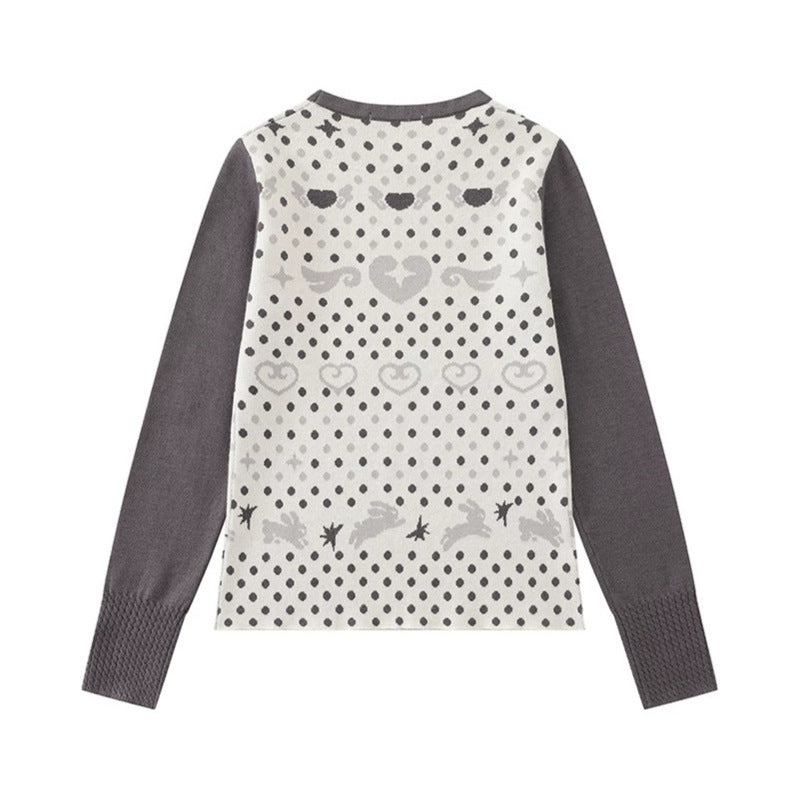 Damen Feinstrick-Pullover mit Jacquard-Motiv, Rundhalsausschnitt und Kontrastärmeln Echoarchiv