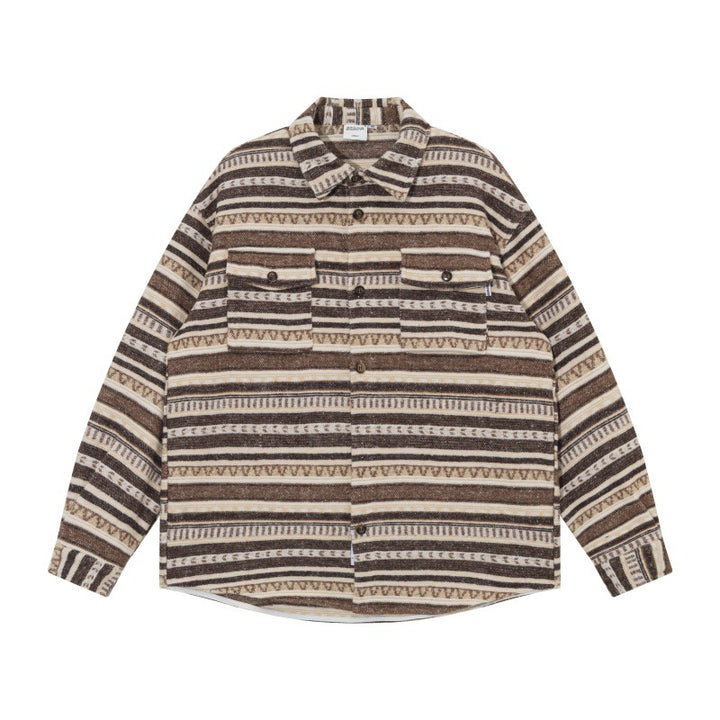 Unisex Oversize-Strickshirtjacke im Ethno‑Streifenmuster mit Pattentaschen Echoarchiv