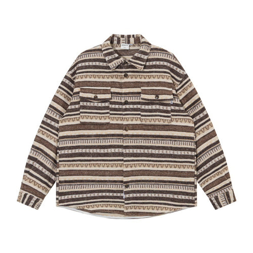Unisex Oversize-Strickshirtjacke im Ethno‑Streifenmuster mit Pattentaschen Echoarchiv