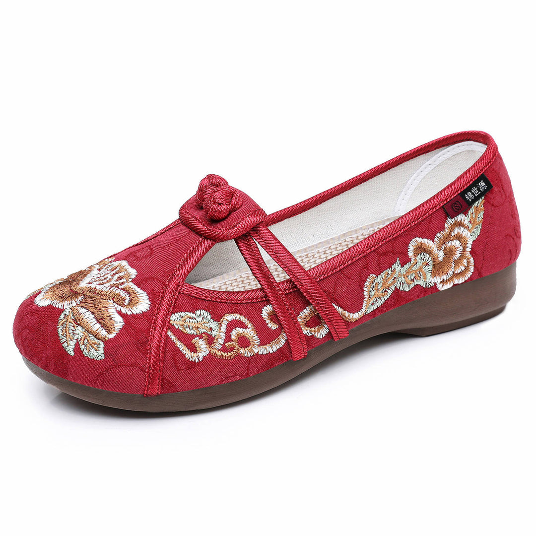 Damen nan bestickte Mary-Jane Slipper mit chinesischem Knotenverschluss und orthopädischer Komfortsohle Echo Archiv