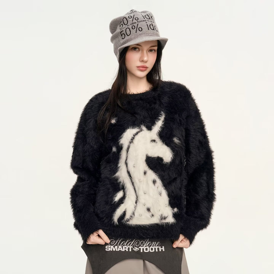 Damen Gemütlicher Grobstrickpullover mit Einhornmotiv Echoarchiv