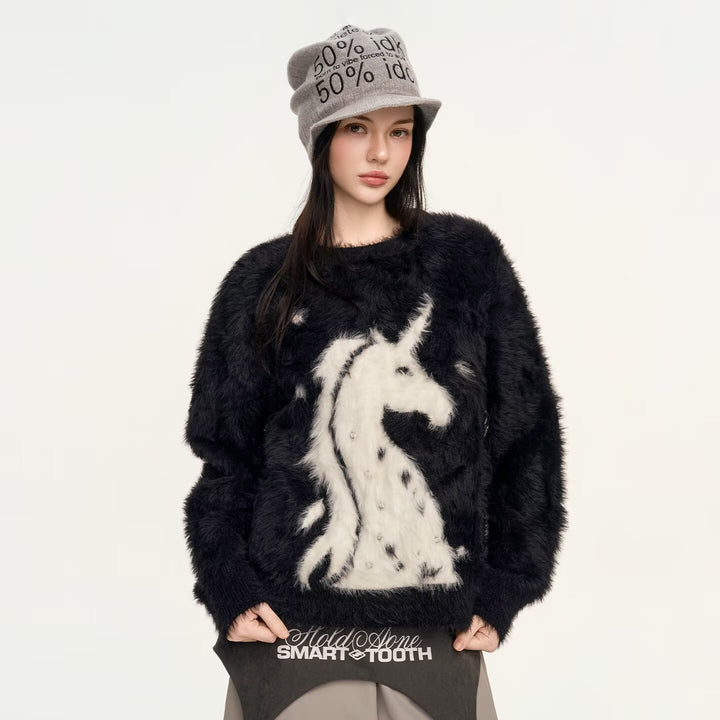 Damen Gemütlicher Grobstrickpullover mit Einhornmotiv Echoarchiv