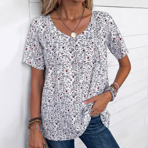 Damen nan lässiges Kurzarm-Tunika-Shirt mit Rundhalsausschnitt, zartem Blumenallover und dekorativen Brustfalten Echo Archiv