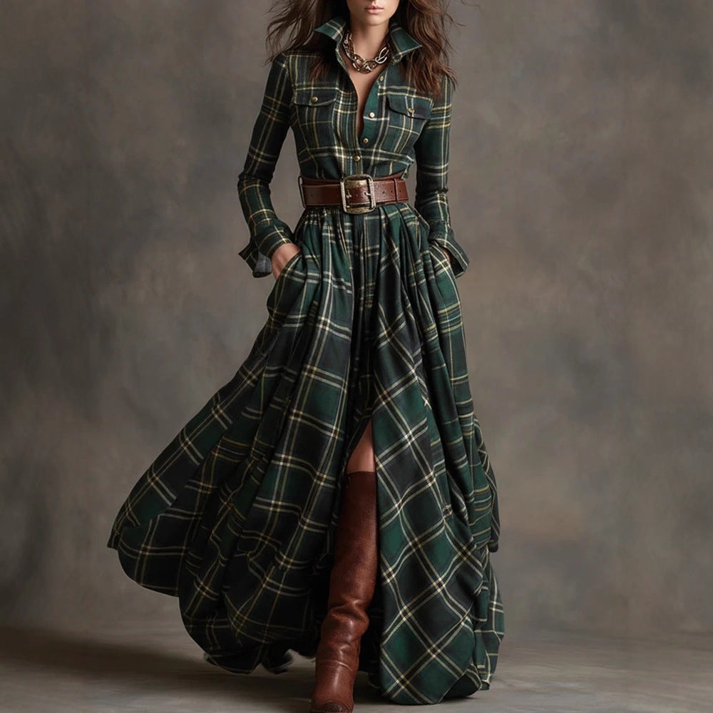 Damen nan karierte Maxikleid Hemdblusenkleid mit ausgestelltem Rock und breitem Taillengürtel Echo Archiv