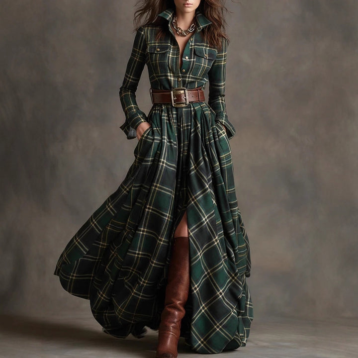 Damen nan karierte Maxikleid Hemdblusenkleid mit ausgestelltem Rock und breitem Taillengürtel Echo Archiv
