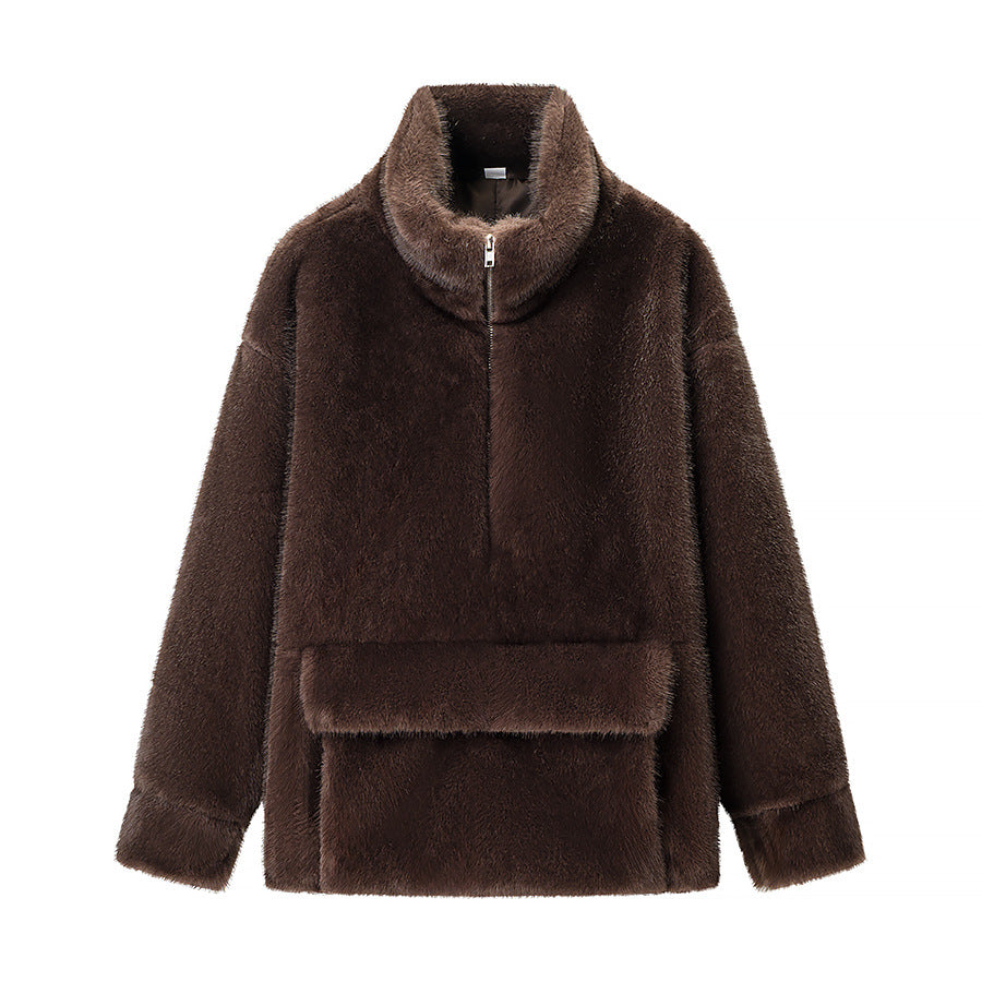 Damen Oversize Teddy-Fleece-Pullover mit halbem Reißverschluss und großer Klappentasche Echo Archiv