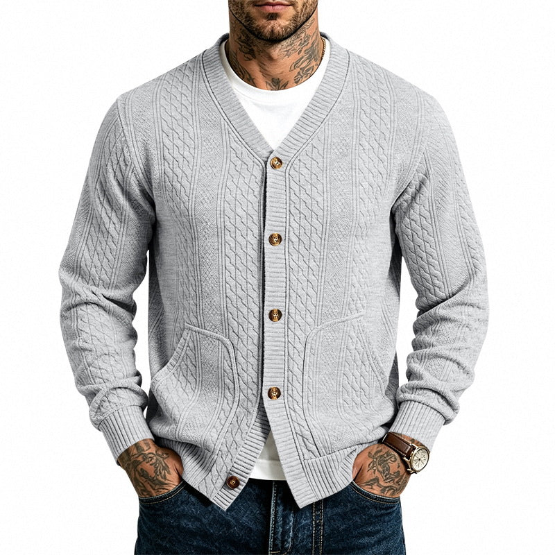 Herren Strukturierter Strickcardigan mit V-Ausschnitt und Zopfmuster – Terenzo