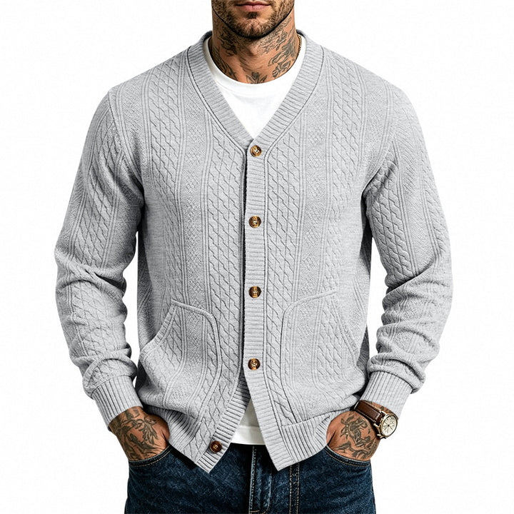 Herren Strukturierter Strickcardigan mit V-Ausschnitt und Zopfmuster – Terenzo