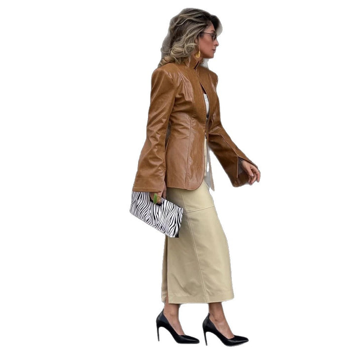 Damen Figurbetonter Lederimitat-Blazer mit Stehkragen & verlängerten Manschetten Echoarchiv
