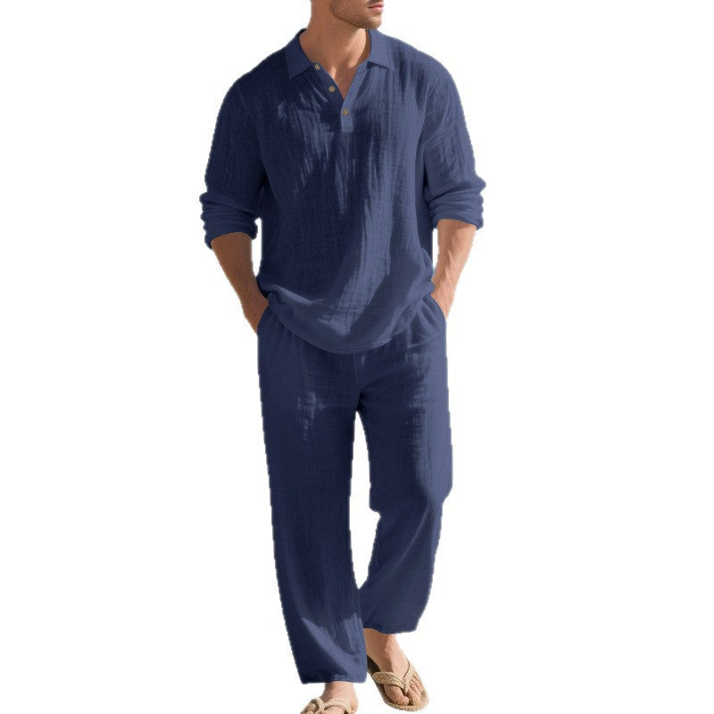Herren nan leichtes Leinen-Ensemble mit Polokragen und elastischer Bundhose Echo Archiv