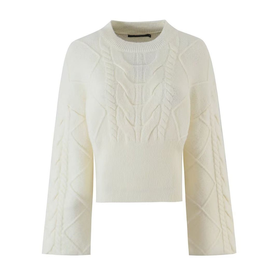Damen Kurzgeschnittener Zopfstrick-Pullover mit weitem Ärmel und geripptem Saum Echo Archiv