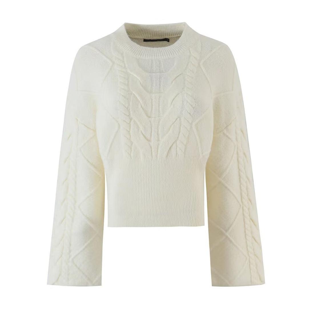 Damen Kurzgeschnittener Zopfstrick-Pullover mit weitem Ärmel und geripptem Saum Echo Archiv
