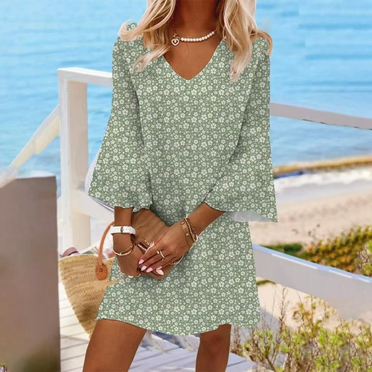 Damen nan leichtes florales V-Ausschnitt Minikleid mit Glockenärmeln und A-Linien-Schnitt Echo Archiv