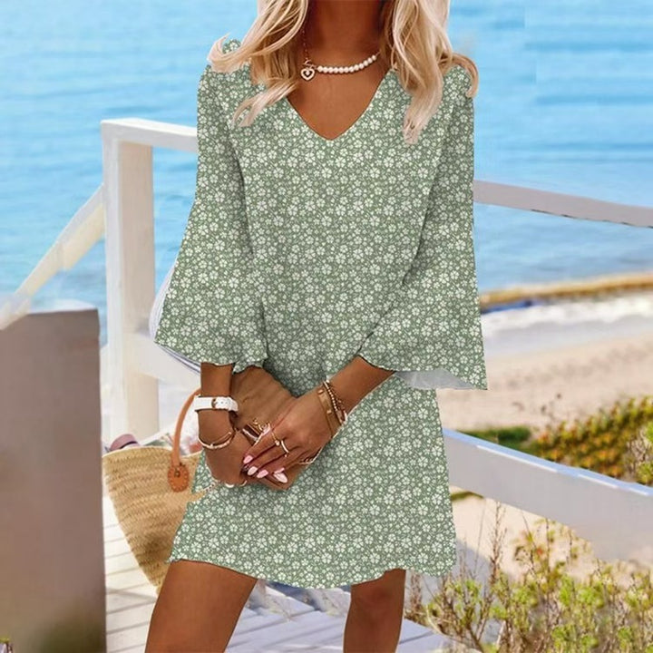Damen nan leichtes florales V-Ausschnitt Minikleid mit Glockenärmeln und A-Linien-Schnitt Echo Archiv