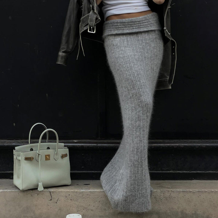 Damen nan hochtaillierter gerippter Maxi-Strickrock mit Twist-Taillenbund und figurumspielender A-Linie Echo Archiv