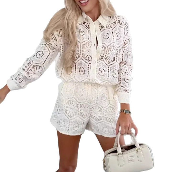 Damen nan gehäkeltes Ajour-Blusen- und Shorts-Set mit Hemdkragen und elastischem Taillenbund Echo Archiv