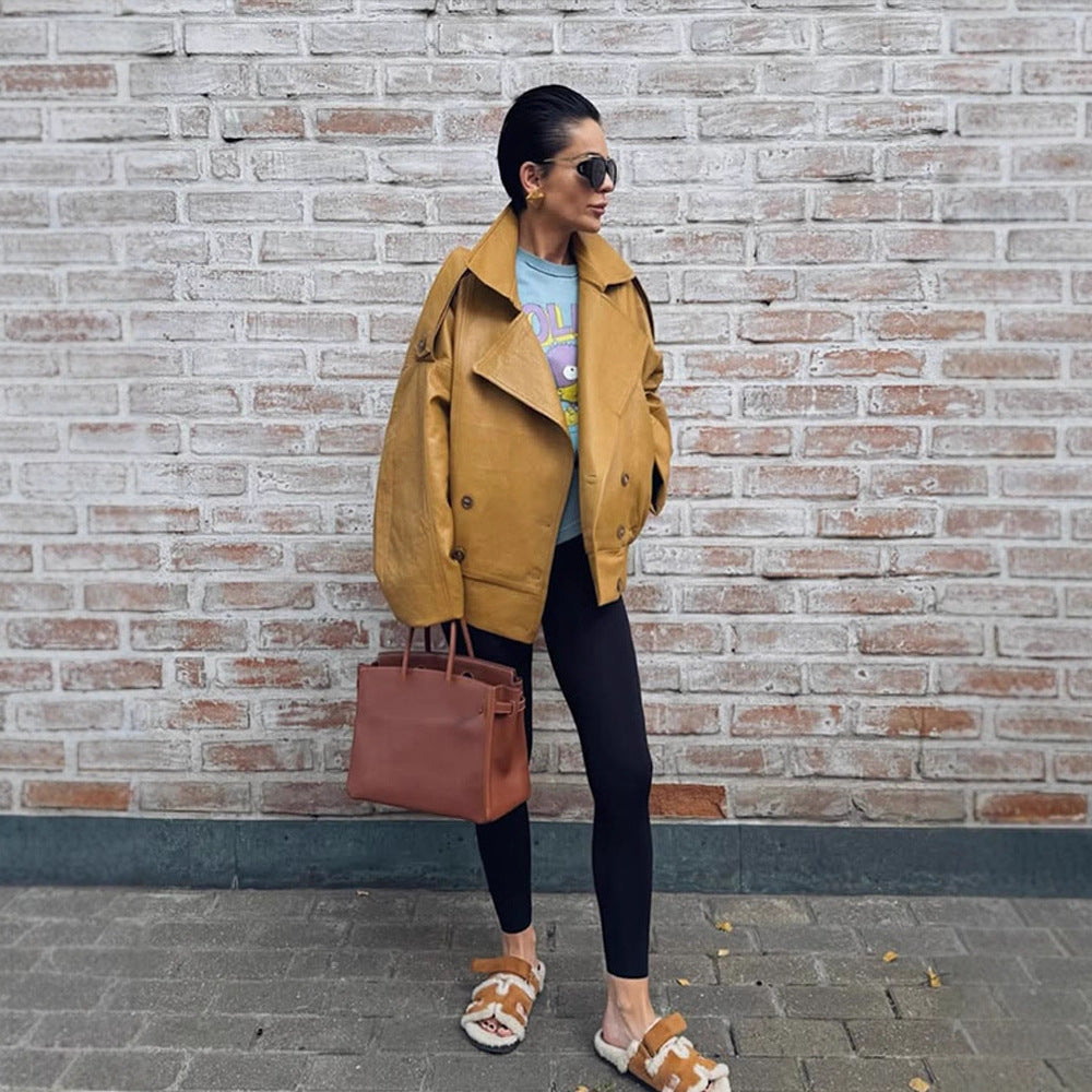 Damen Oversize Lederjacke mit voluminösen Ballonärmeln und kurzer Boxy-Silhouette Echoarchiv