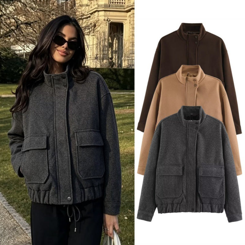 Damen Boxy-Wollblouson mit Stehkragen, großen Klappentaschen und elastischem Saum Echo Archiv