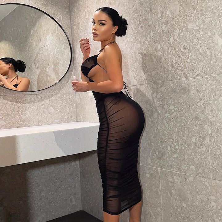 Damen Transparente Bodycon Maxikleid mit tiefem Ausschnitt und verspielten Trägern Echo Archiv