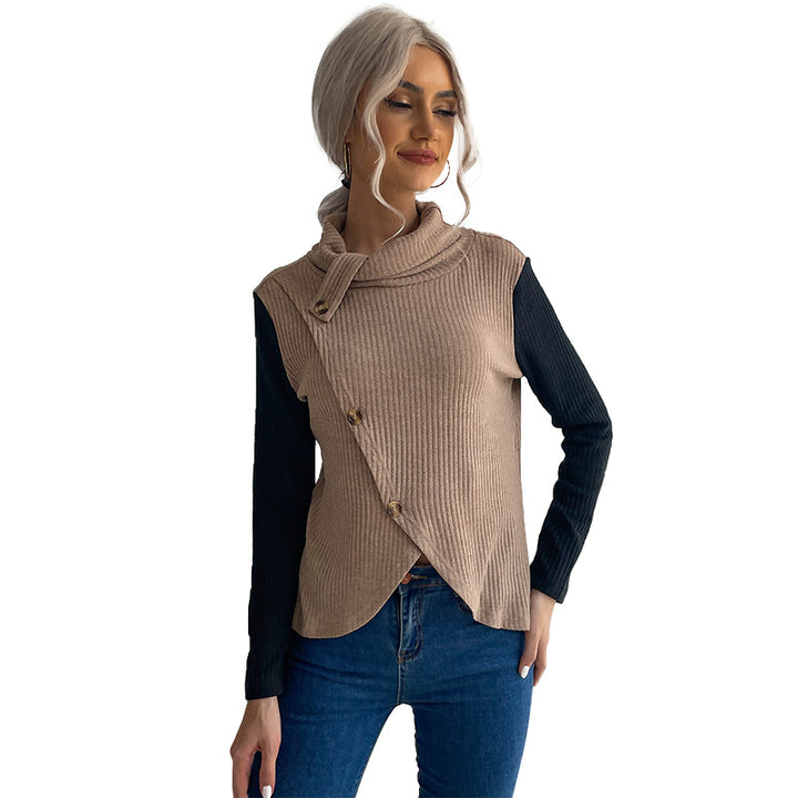 Damen Asymmetrisches Rippenstrick-Layering-Top mit Rollkragen und Zierknopfleiste Echoarchiv