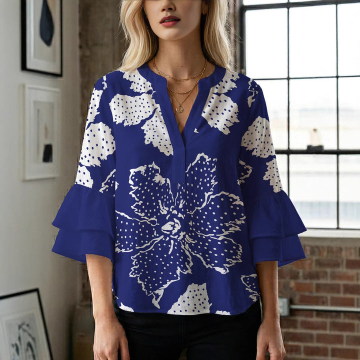 Damen elegantes Blusenshirt mit voluminösen Rüsenärmeln und grafischem Blumendesign Echo Archiv