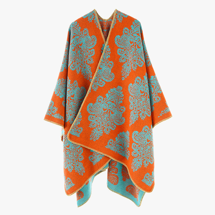 Damen Wollmix-Capeponcho mit beidseitigem Jacquard‑Paisley und kontrastierter Rollkante – Montévia