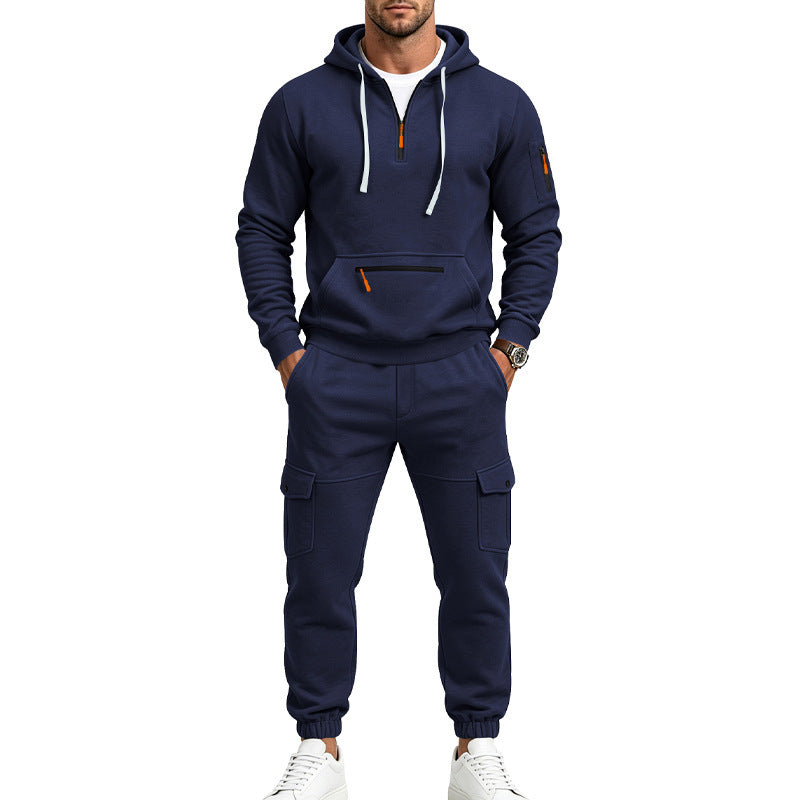 Herren Zweiteiliges Fleece-Loungewear-Set mit Halbzip-Kapuze und Cargo-Jogger – Cavarno