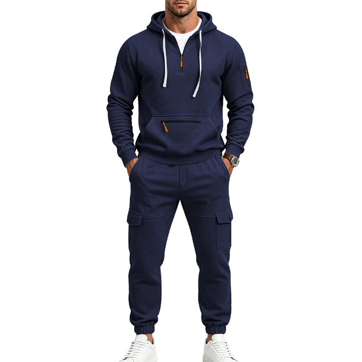 Herren Zweiteiliges Fleece-Loungewear-Set mit Halbzip-Kapuze und Cargo-Jogger – Cavarno