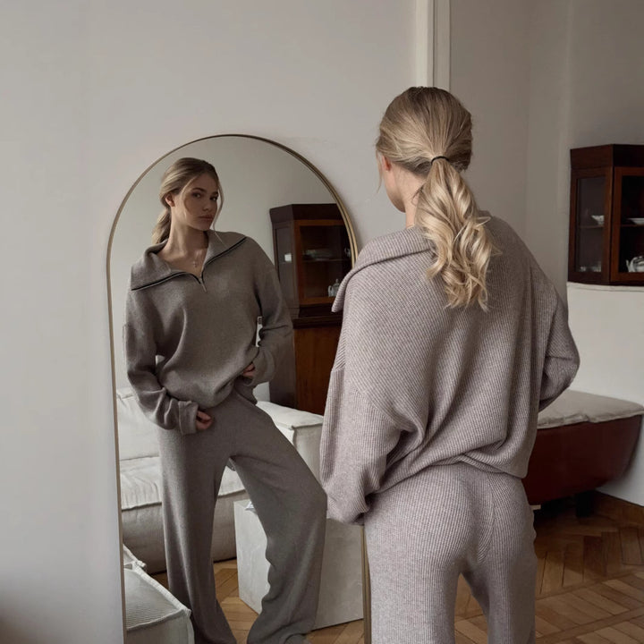 Damen Oversize Strick-Lounge-Set mit halbem Reißverschluss und weitem Bein – Mavelle