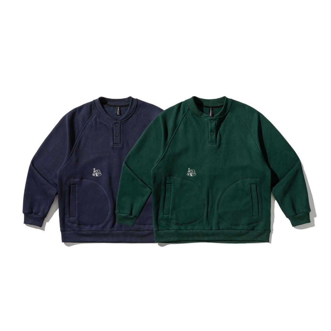 Herren Sweatshirt mit Knopfleiste im Henley‑Stil, Raglanärmeln und aufgesetzten Rundtaschen Echoarchiv