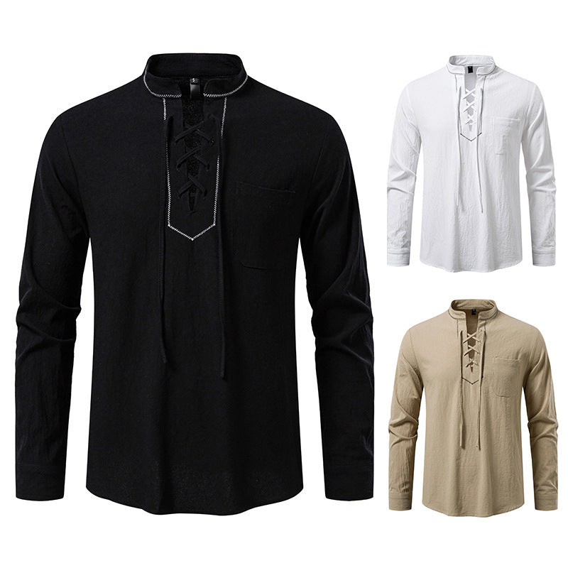Herren Langarmshirt mit hochwertigem Stehkragen und dekorativer Schnürung Echoarchiv