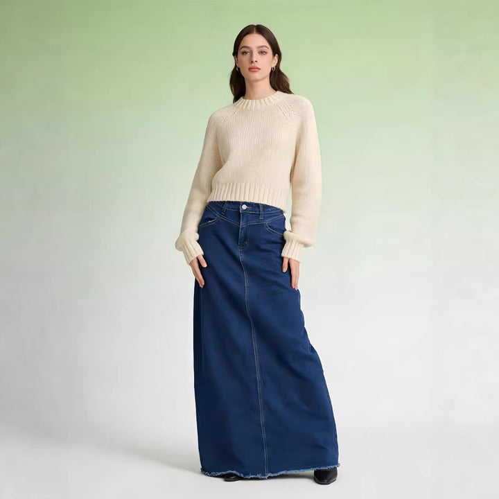 Damen nan langer High-Waist Denim-Maxirock mit gerader Silhouette und rohem Saum Echo Archiv