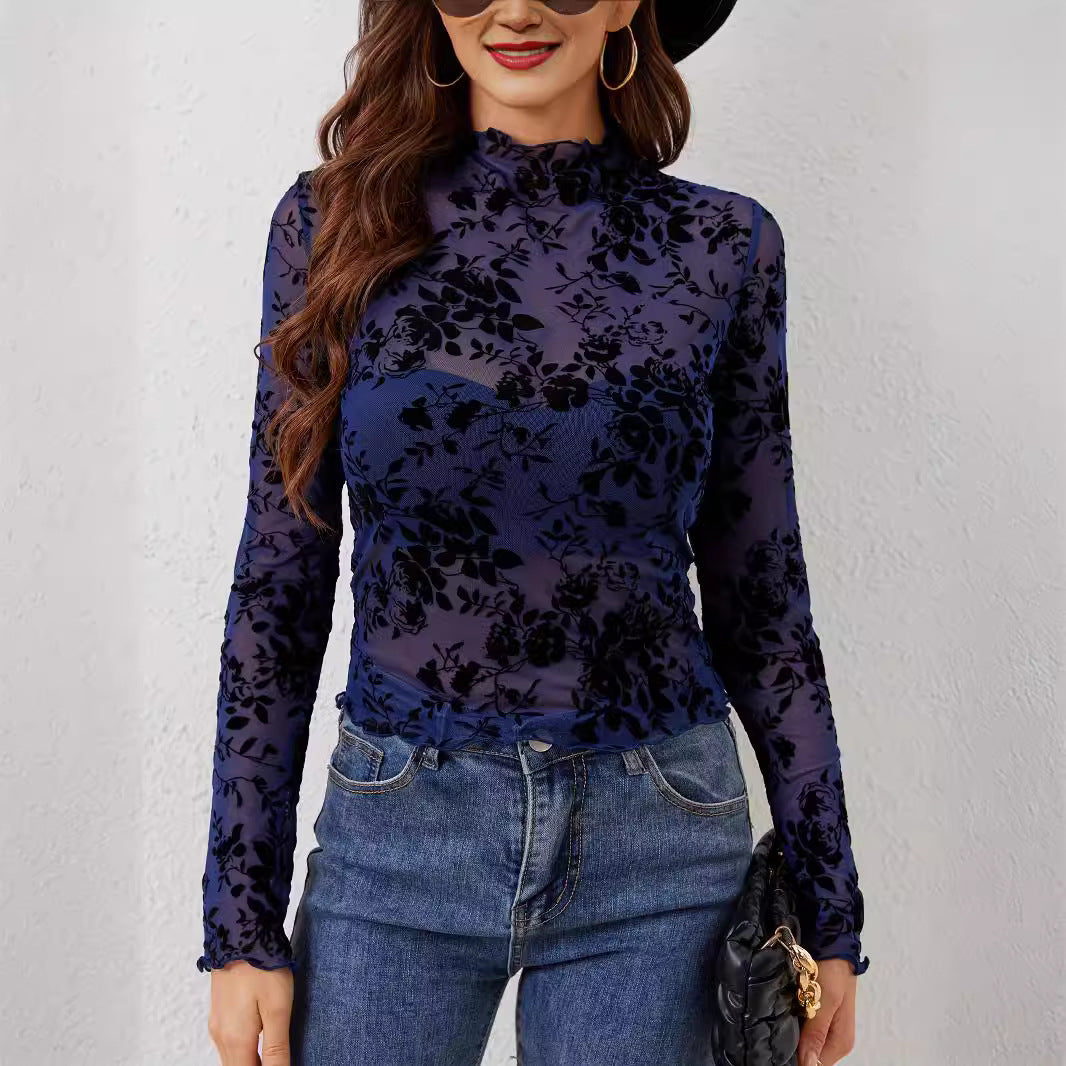 Damen nan transparentes Netzoberteil mit samtigem Floraldruck und Stehkragen Echo Archiv