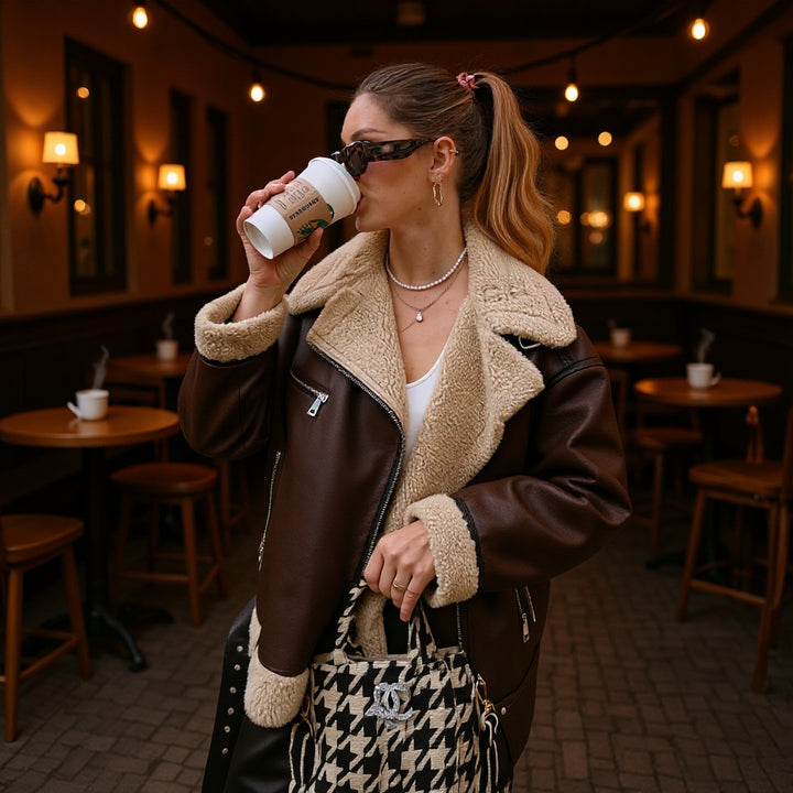 Damen Gefütterte Fliegerjacke im Aviator‑Stil mit Teddyfutter und Reißverschluss Echo Archiv