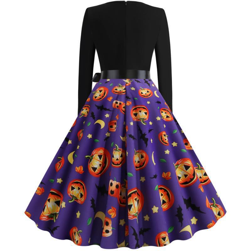 Damen Vintage Swingkleid mit Halloween-Kürbisprint und tailliertem Satinschärpenbund – Élara