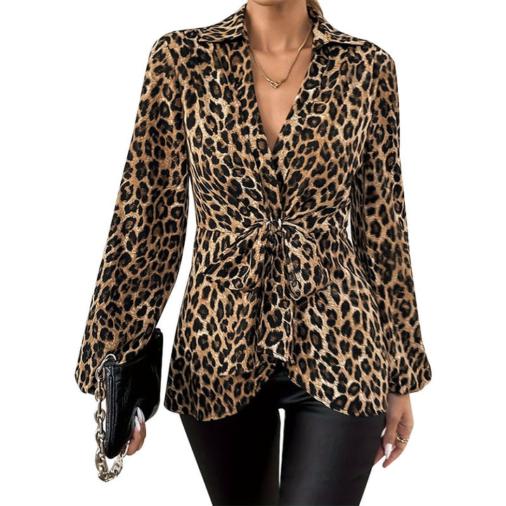 Damen maßgeschneiderte Wickelbluse mit Leopardenmuster, Hemdkragen und Bindegürtel Echoarchiv