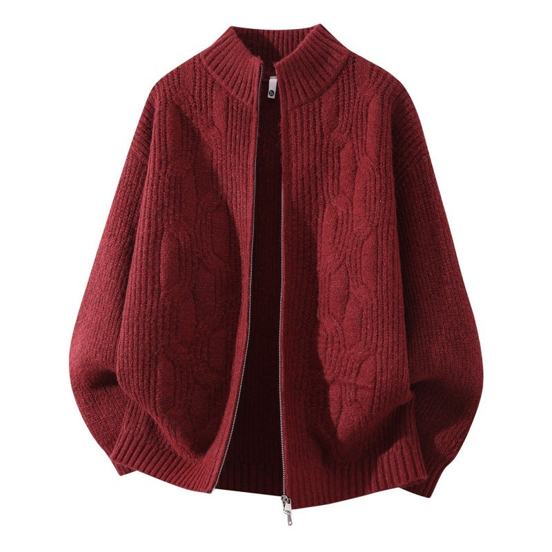 Damen Weicher Oversize‑Zopfmuster‑Cardigan mit Stehkragen & Zwei‑Wege‑Reißverschluss Echoarchiv