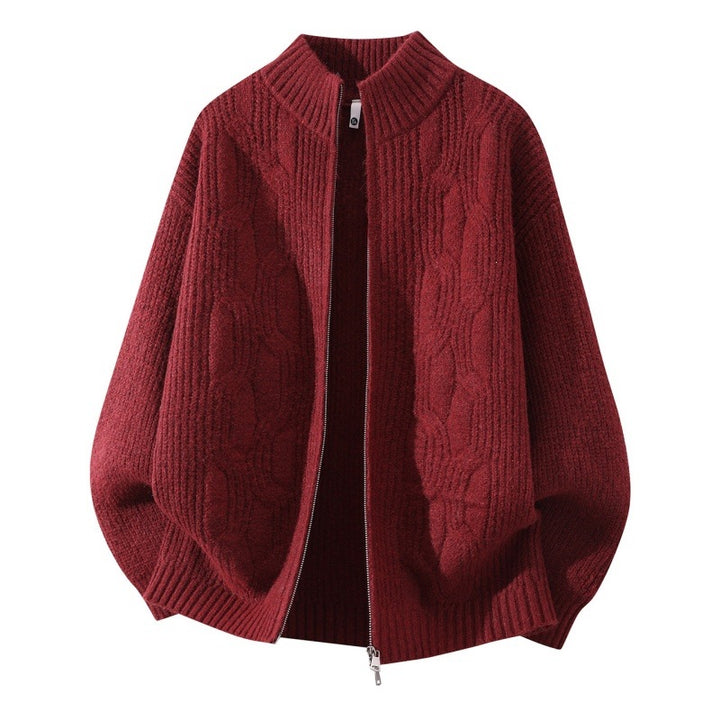 Damen Weicher Oversize‑Zopfmuster‑Cardigan mit Stehkragen & Zwei‑Wege‑Reißverschluss Echoarchiv