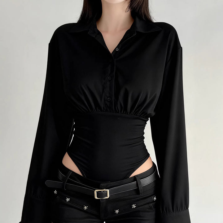 Damen eleganter Bodysuit mit feinem Kragen und Knopfdetails Echo Archiv