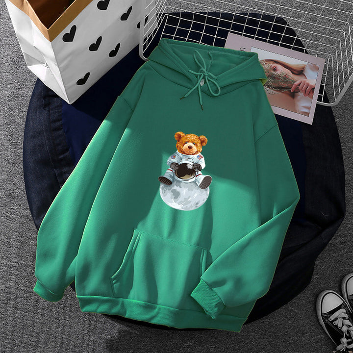 Damen weicher Oversize-Kapuzenpullover mit kawaii Pilzfrosch-Print, Kängurutasche und gerippten Bündchen – Auréline