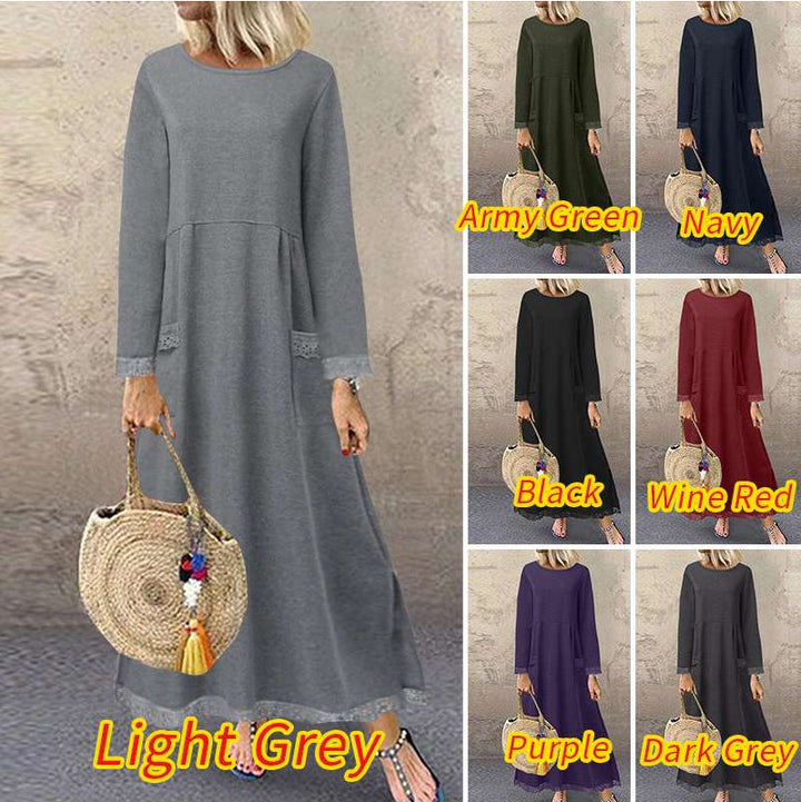Damen nan Maxikleid mit lockerem A‑Linien Schnitt, Rundhalsausschnitt, aufgesetzten Eingrifftaschen und zierlichem Spitzenbesatz Echo Archiv