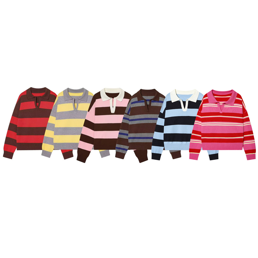 Damen gestreifter Feinstrick-Polopullover mit Knopfleiste, Rippbündchen und leichter Wollmischung – Mavelle
