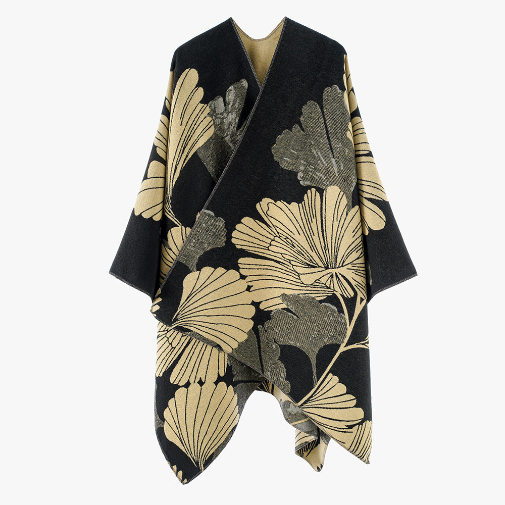 Damen Jacquard‑Capeponcho mit großflächigem Blatt‑Jacquard und offenem Wickelschnitt – Montévia