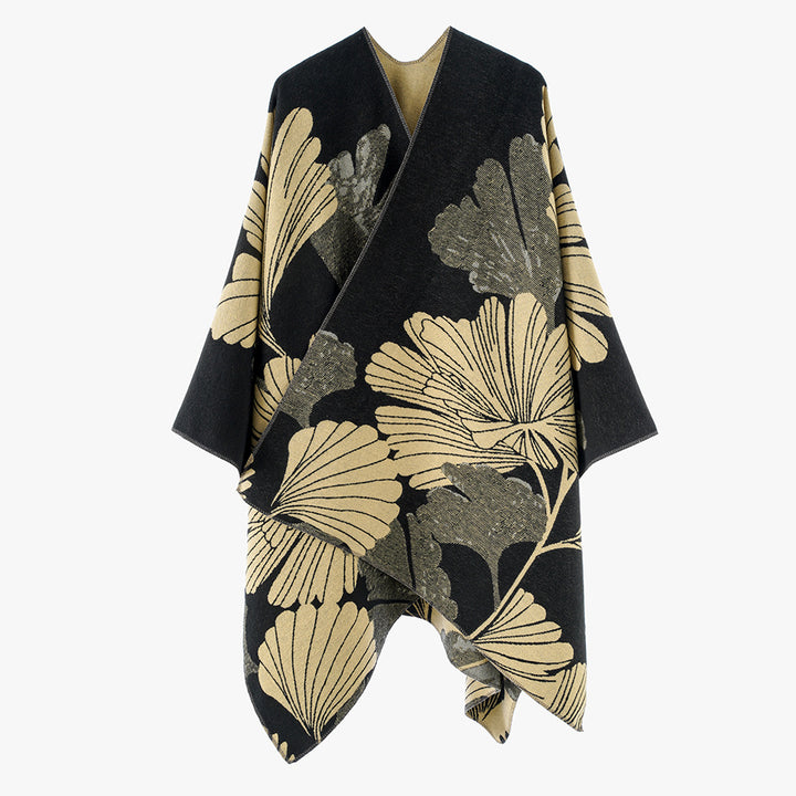 Damen Jacquard‑Capeponcho mit großflächigem Blatt‑Jacquard und offenem Wickelschnitt – Montévia