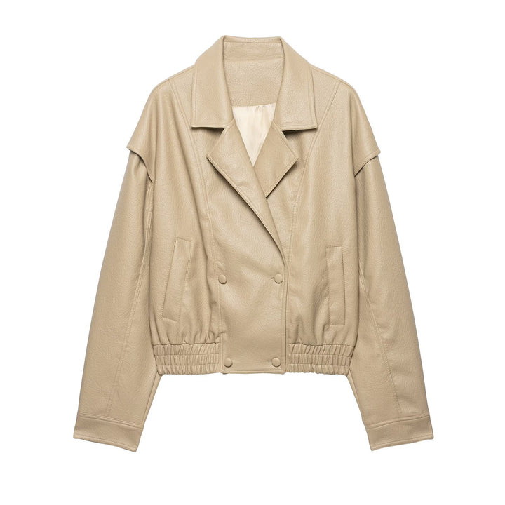 Damen Kurzjacke aus Kunstleder mit breitem Revers und gerafftem Saum Echo Archiv
